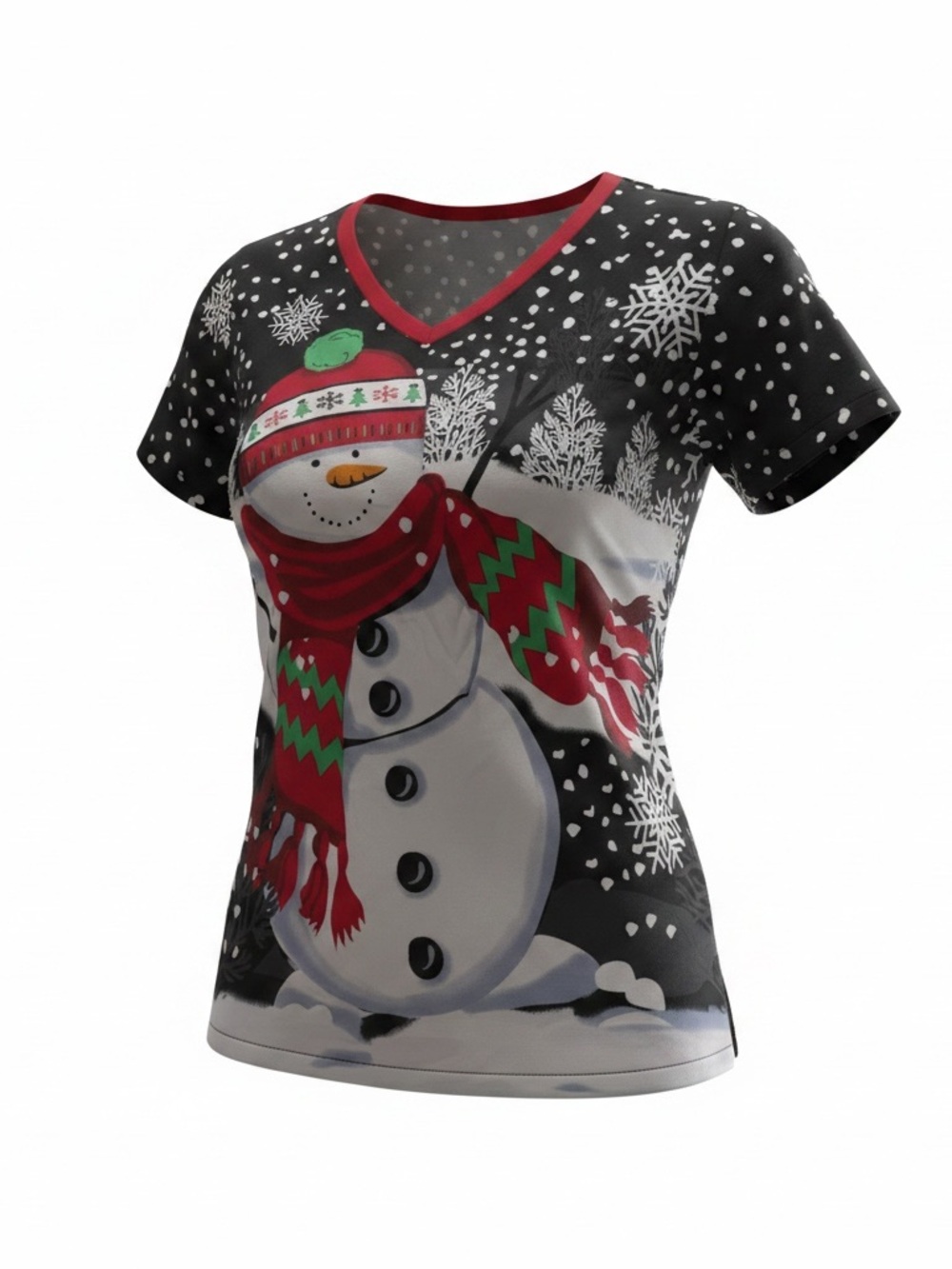 UA Scrubs Women's Snowman V-Neck Top - Black/Red/Green